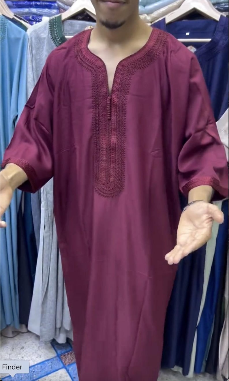 Broderad marockansk Gandoura – Djellaba-tunika för män, handgjord lätt kaftan för Eid, Ramadan och bröllop Burgundy