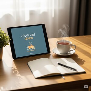 Könnte beinhalten: Ein digitales Tablet zeigt den Text "L'ÉQUILIBRE SÉRÉIN" mit einer Teetassen-Illustration. Eine Tasse Tee auf einer Untertasse dampft neben dem Tablet. Ein offenes Notizbuch und ein Stift liegen auf einer Holzoberfläche.