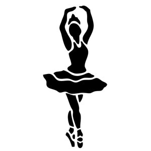 May include: A black silhouette of a ballerina wearing a tutu and pointe shoes, with arms raised above her head.
