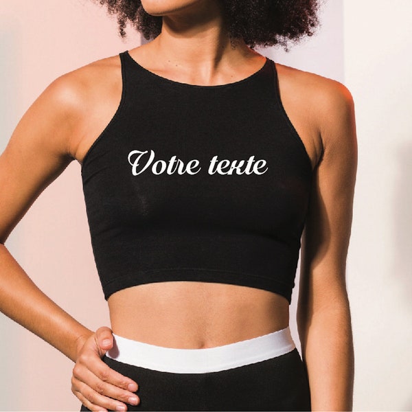 Top court femme, sans manches, débardeur, crop top noir.