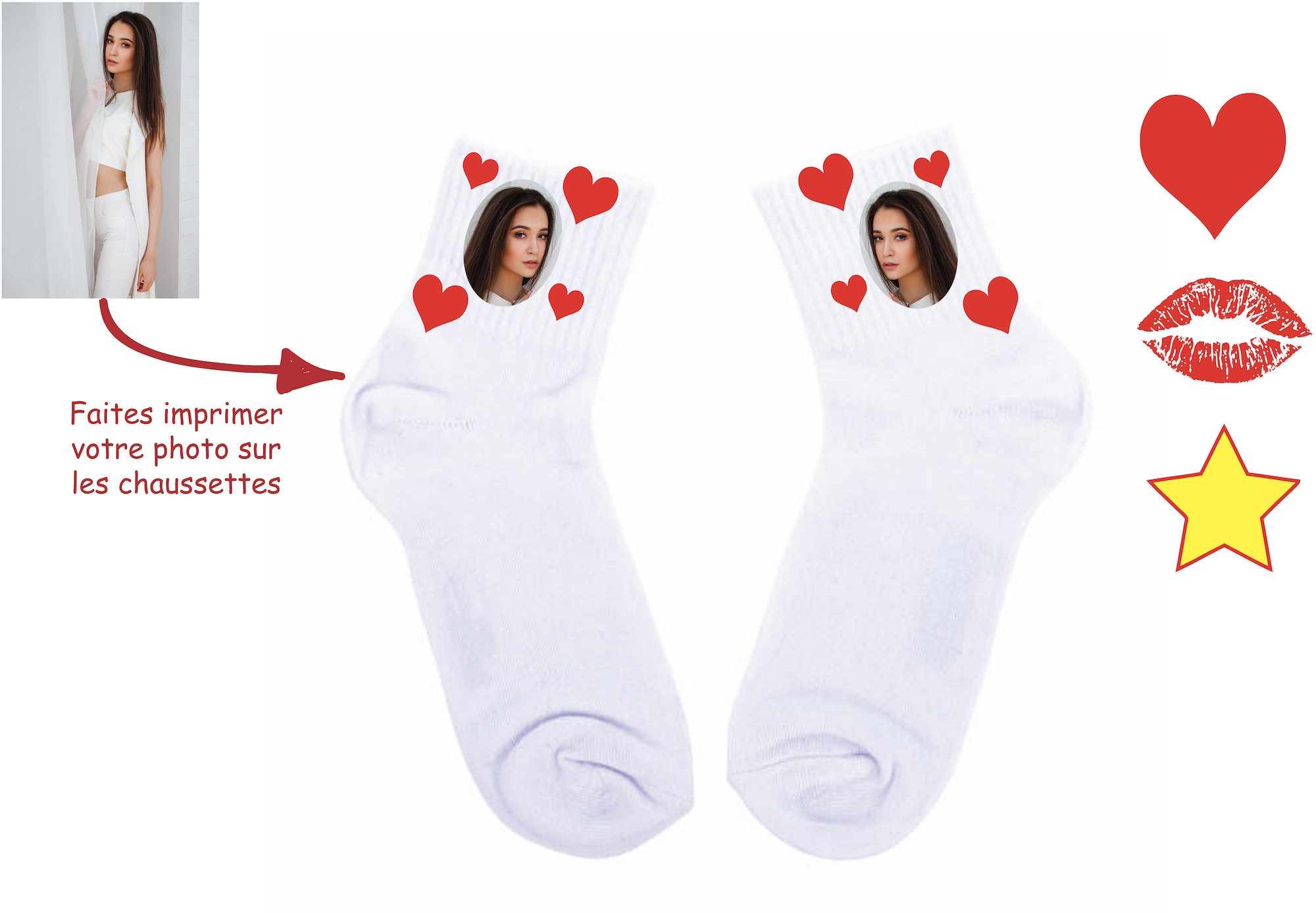 Personalized socks with face and heart, lips or star