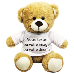 Teddy bear with customizable T-shirt. Photo and text plush