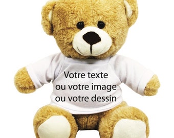 Teddy bear with customizable T-shirt. Photo and text plush