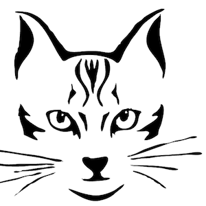 Peut inclure: Illustration en noir et blanc d'un visage de chat. Le chat a de grands yeux ronds et un petit nez pointu. Les moustaches du chat sont visibles.