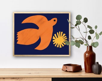 Impression d'art oiseau et soleil en vol orange/ design oiseau rétro/ art mural rétro/ art mural galerie/ art oiseau orange/ art oiseau/ impression d'art oiseau et soleil