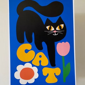 Cute retro black cat smelling the pretty flowers art print/ retro black cat wall art/ retro cat design/ retro poster design/ cute cat image 4