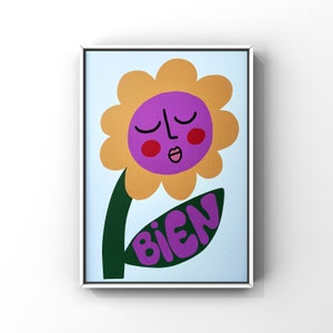 Retro flower bien art print/ sleeping flower print/ yellow retro flower wall art/ french quote print/ french phrase art print/ Vintage style