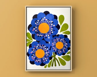 Big retro blooms art print/ blue flower artwork/ spring flowers art/ retro flowers art print/ vintage inspired art/ mid century style art