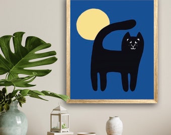 Cat and moon art print/Black cat with full moon art print./Cute cat art/retro cat wall art/ kids wall art/ nursery art/ nursery decor. C