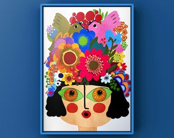 Flower bird lady art print/ colourful floral wall art/ retro floral art/ character art print/ flower girl wall art print/ eclectic wall art
