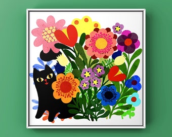 Garden puss cat/ garden cat/ colourful cat wall art/ cat art print/ cat in garden print/ flower cat in garden print/ retro art print/ art