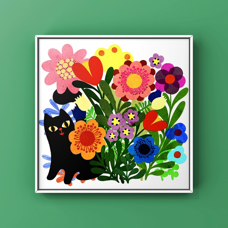 Garden puss cat/ garden cat/ colourful cat wall art/ cat art print/ cat in garden print/ flower cat in garden print/ retro art print/ art image 1