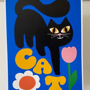 Cute retro black cat smelling the pretty flowers art print/ retro black cat wall art/ retro cat design/ retro poster design/ cute cat image 2
