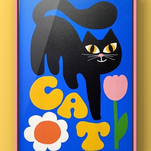Cute retro black cat smelling the pretty flowers art print/ retro black cat wall art/ retro cat design/ retro poster design/ cute cat image 1