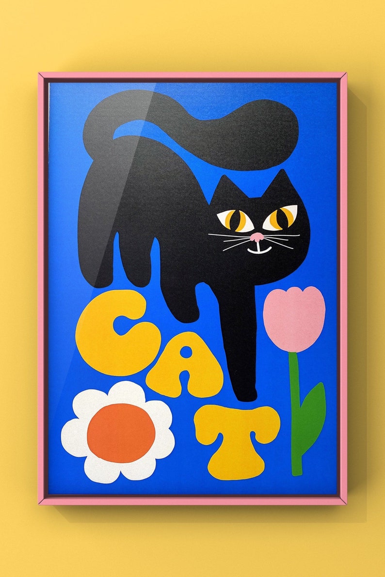 Cute retro black cat smelling the pretty flowers art print/ retro black cat wall art/ retro cat design/ retro poster design/ cute cat image 1