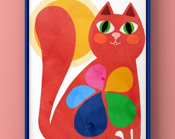 Colourful Cat art print/ retro cat art print/ cat art/ cure art print/ art cat/ retro art/ gallery wall art/ retro home decor/ cat design