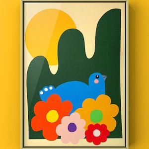 Impresión artística de un pequeño pájaro sentado entre flores/Estética retro/Arte de pared con efecto vintage/Arte de pared retro/Impresión artística de un pájaro/Arte estilo años 70/Floral
