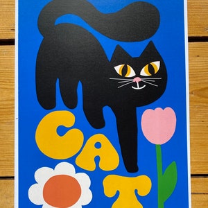 Cute retro black cat smelling the pretty flowers art print/ retro black cat wall art/ retro cat design/ retro poster design/ cute cat image 5