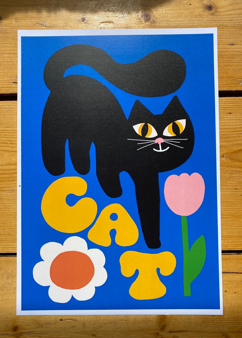 Cute retro black cat smelling the pretty flowers art print/ retro black cat wall art/ retro cat design/ retro poster design/ cute cat image 5