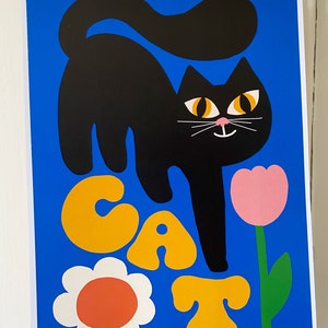 Cute retro black cat smelling the pretty flowers art print/ retro black cat wall art/ retro cat design/ retro poster design/ cute cat image 3