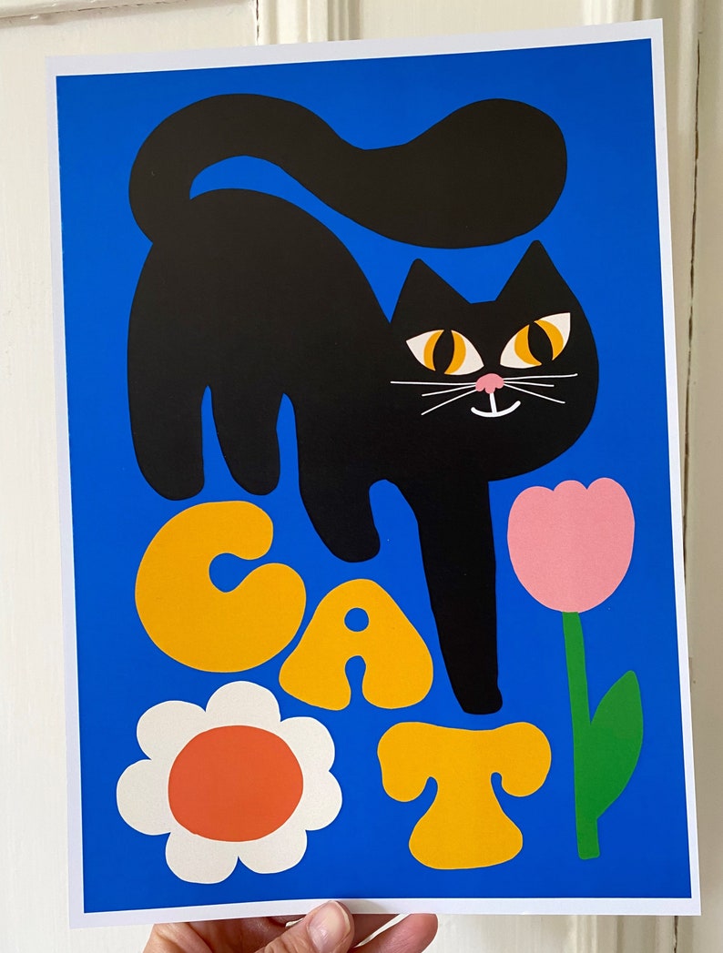 Cute retro black cat smelling the pretty flowers art print/ retro black cat wall art/ retro cat design/ retro poster design/ cute cat image 3