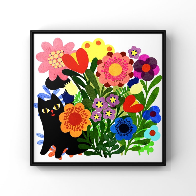 Garden puss cat/ garden cat/ colourful cat wall art/ cat art print/ cat in garden print/ flower cat in garden print/ retro art print/ art image 2