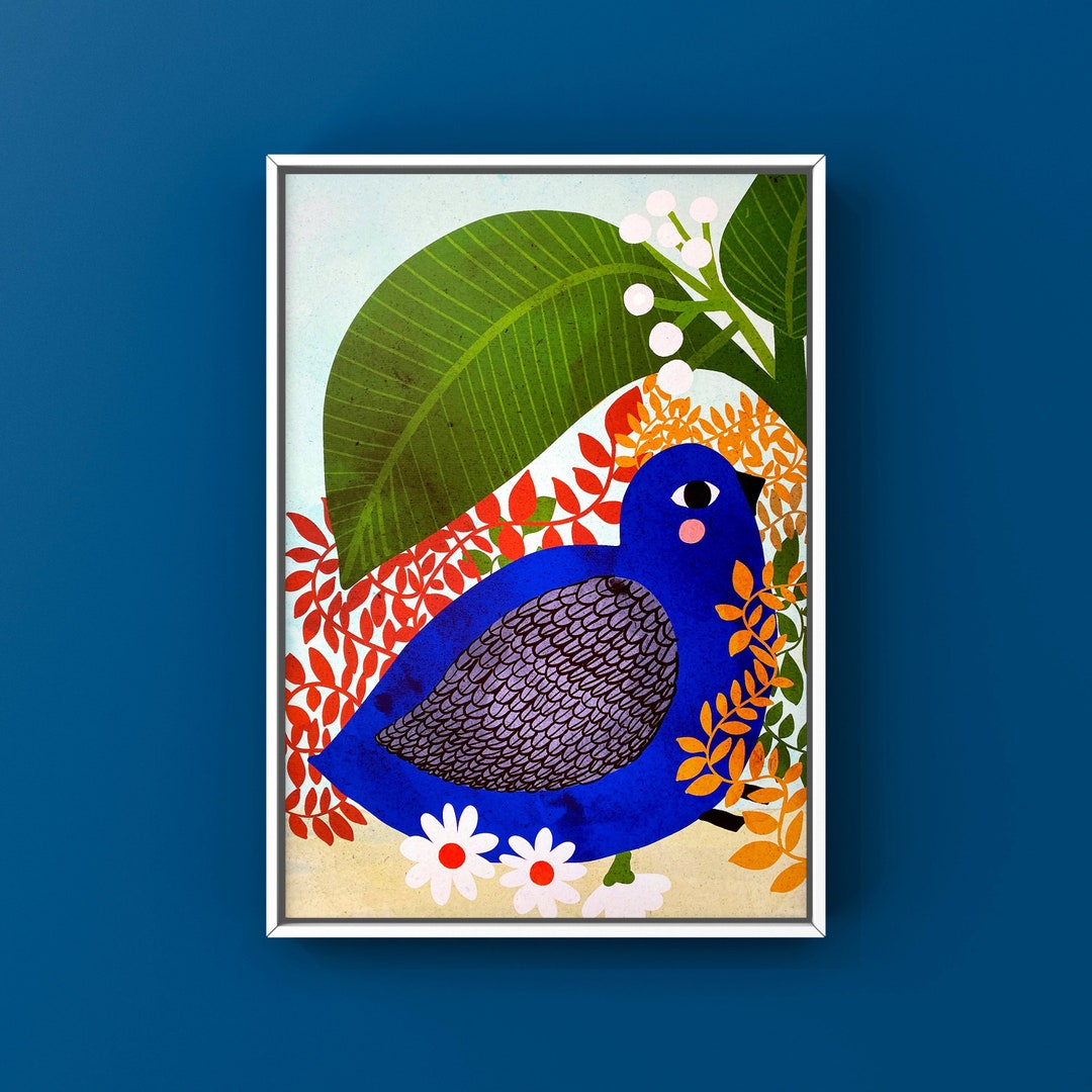 Garden Bird Art Print/ Blue Bird Wall Art/ Garden Art Print/ Etsy