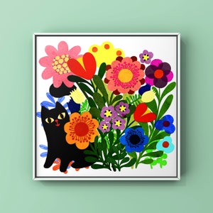 Chat de chat de jardin/ chat de jardin/ art mural de chat coloré/ impression dart de chat/ chat dans limpression de jardin/ chat de fleur dans limpression de jardin/ impression dart rétro/ art image 3