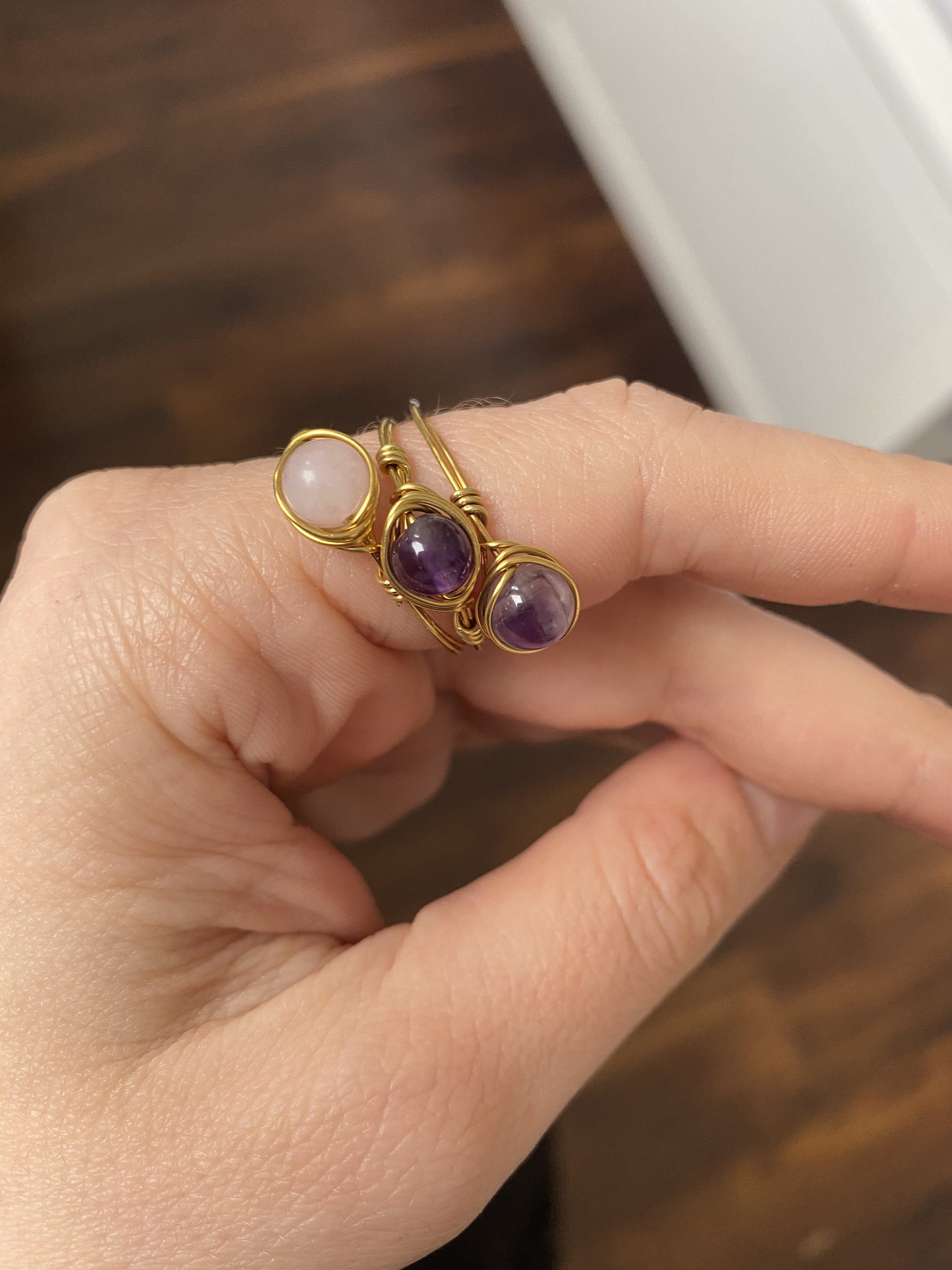 3 Amethyst And Rose Quartz Gemstone Wire Wrapped Rings Etsy