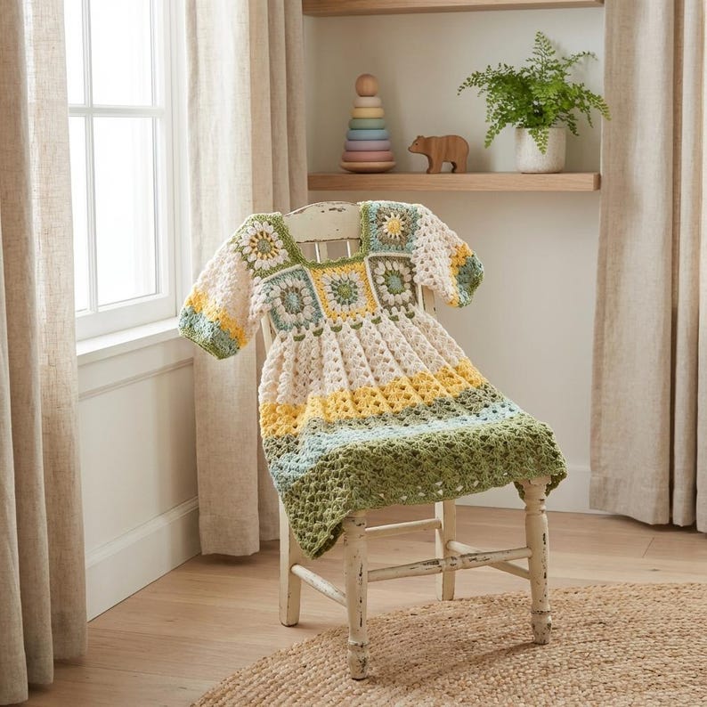May include: A handmade crochet dress in cream, yellow, green, and blue, draped over a white wooden chair. The dress features a square yoke and sleeves, with a striped skirt. The crochet work is detailed and intricate, showcasing a classic granny square design.