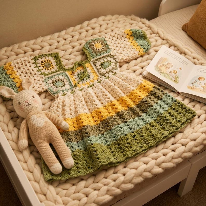 Girls Daisy Crochet Dress Pattern PDF, Granny Square Sundress, Floral Kids Wear image 3