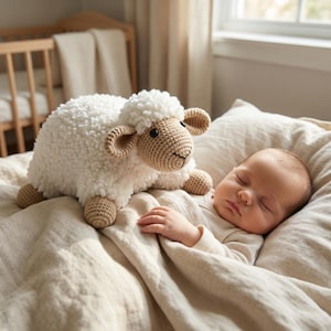 May include: A soft, white crochet sheep toy with tan ears and feet rests on a bed next to a sleeping baby. The sheep has a fluffy, textured body and a smiling face. The scene is bathed in soft, natural light, creating a cozy nursery setting.