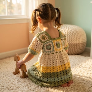 Puede incluir: Vestido de crochet hecho a mano en crema, amarillo y verde, con cuello cuadrado y mangas cortas. El vestido es hasta la rodilla y tiene un diseño de patchwork. Un niño sostiene un caballo de juguete de madera. El vestido es perfecto para un niño.
