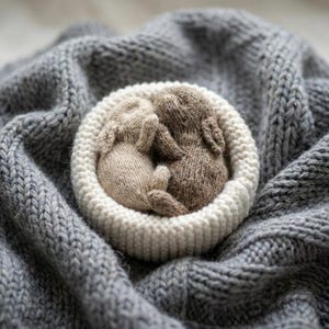 May include: Two knitted bunny figures in a white and beige nest, nestled on a gray knitted blanket. The bunnies are in shades of beige and brown, with their ears and bodies visible. The blanket has a thick, textured knit.