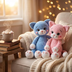 May include: Two crocheted cat plushies, one blue and one pink, sit on a beige armchair. The cats have white paws and faces with pink accents. A cup of hot chocolate with whipped cream and marshmallows sits on a stack of books.