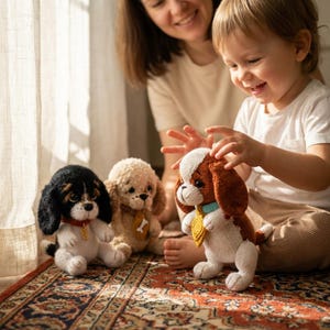 May include: Three handmade knitted puppy dog toys in black, tan, and brown with white accents. The dogs have collars and tags. A child and an adult are smiling and interacting with the toys on a patterned rug.