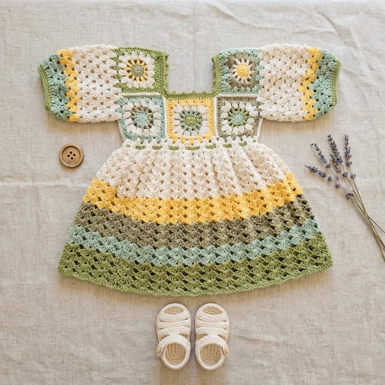 May include: A handmade crochet dress in cream, yellow, and green, with matching sandals. The dress features square patterns and short sleeves. A wooden button and sprig of lavender are next to the dress.