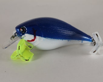 Custom 2.5 crankbait blue and white. Dives 3-6 feet. Great bait where you have blue herring bait fish.