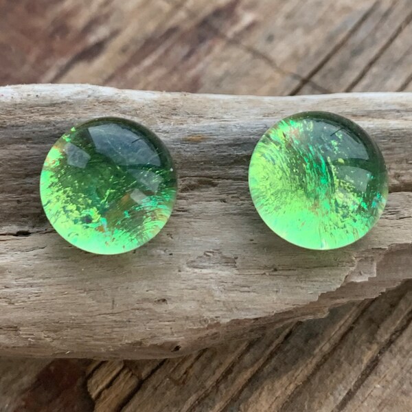 Sterling Silver Dichroic Glass Studs Cornwall Clear Leaf Green