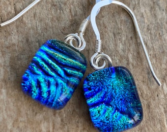 Dichroic Glass Earrings Handmade Cornwall Turquoise Blue Coral Sea