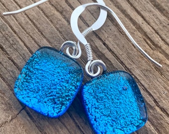 Fused Dichroic Glass Earrings Handmade Cornwall Deep Turquoise Ocean