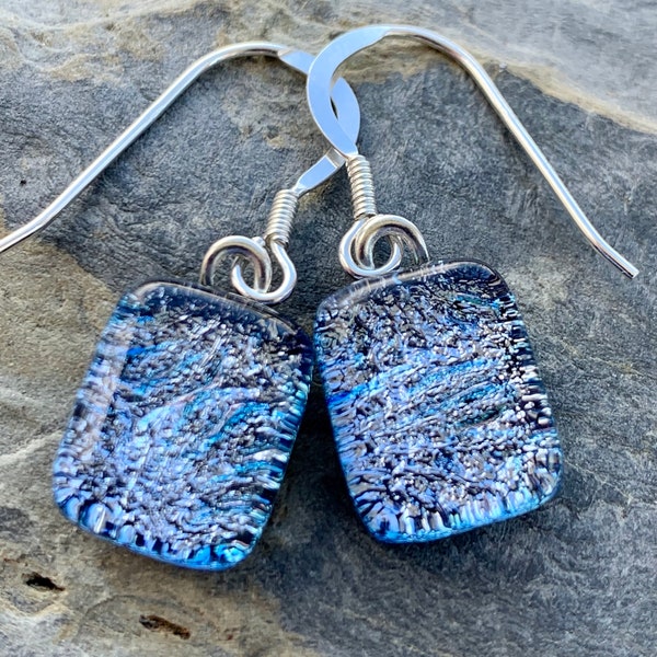 Dichroic Glass Earrings Handmade Cornwall Silver Blue Moonlight