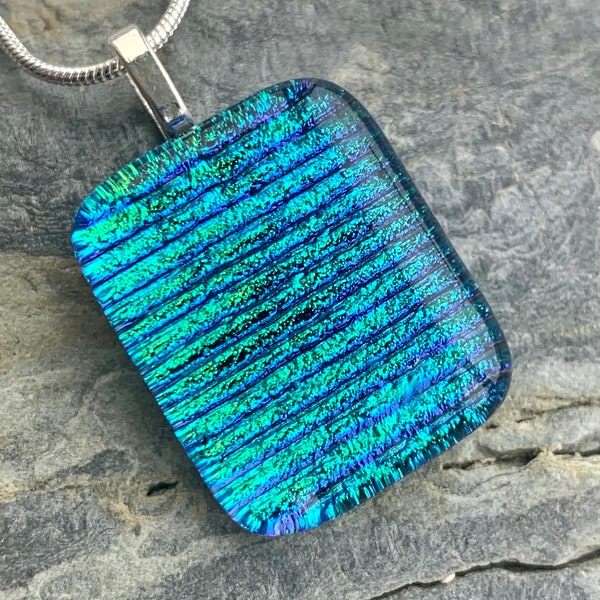 Dichroic Glass Pendant Handmade Cornwall Blue Turquoise Lilac Waves