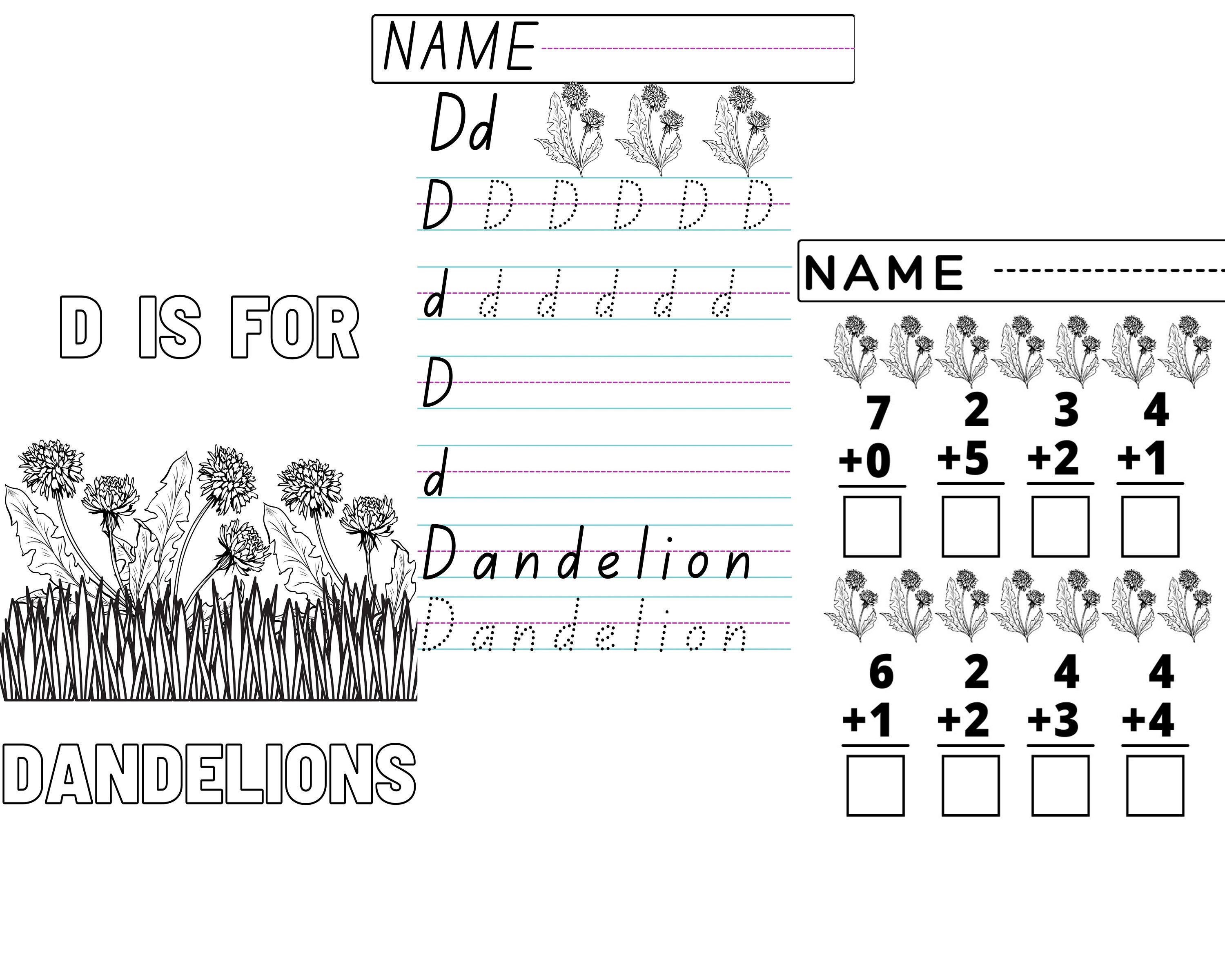 dandelion worksheet bundle letter d handwriting worksheet etsy