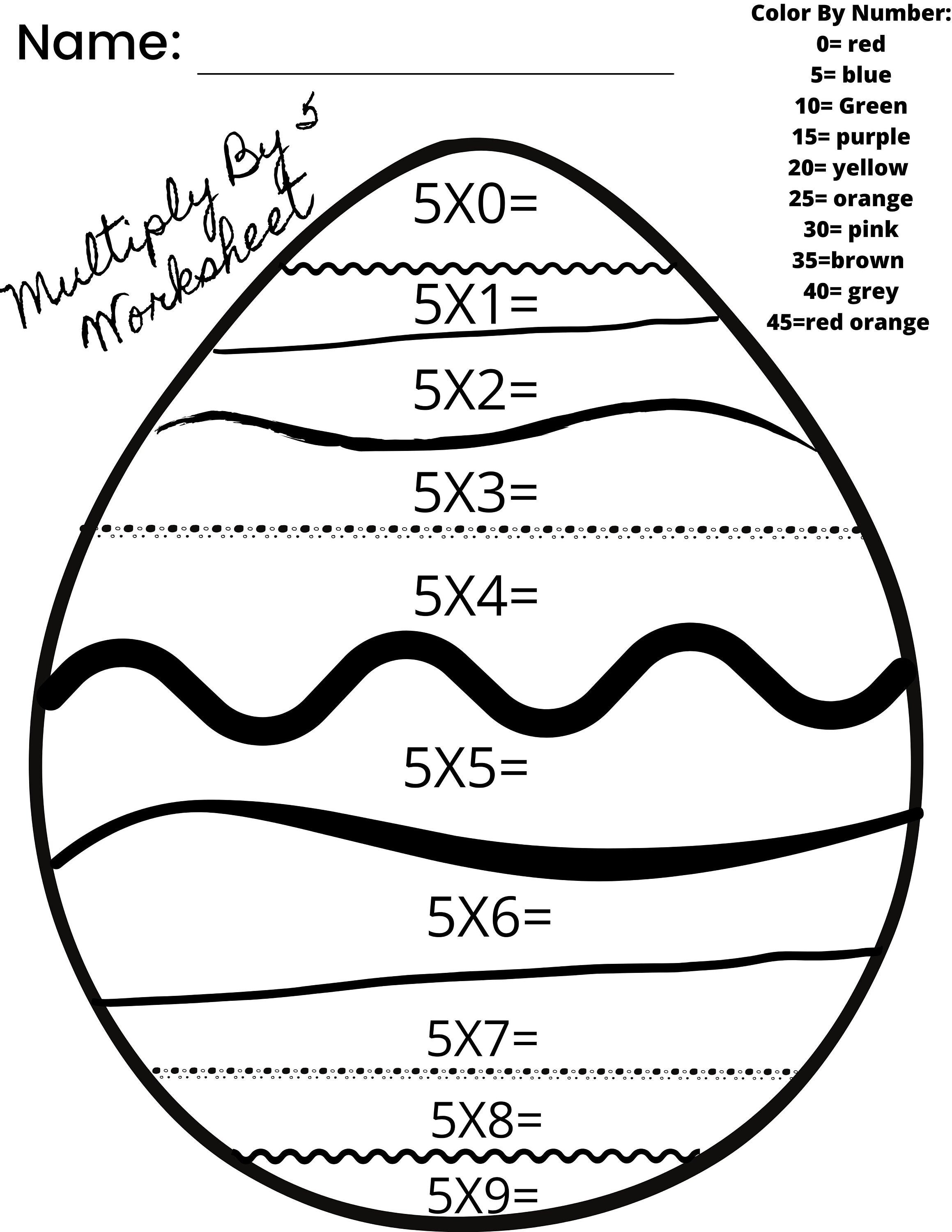 Multiply By 5 Worksheet, Color By Number Worksheet, Math Worksheet, Easter Math Worksheet, Spring Math Worksheet, Elementary Worksheet