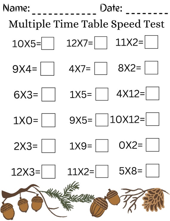 Multiple Times Table Speed Test Multiplication Speed Test Etsy