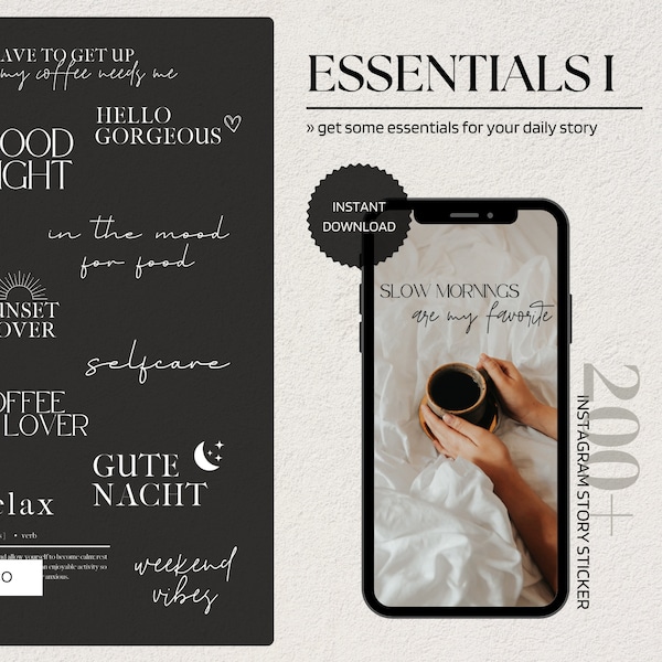 200+ Instagram Story Sticker - ESSENTIALS I - Instagram Storysticker, Storyelemente, Lineart, Schriftzüge, daily essentials, basics, coffee