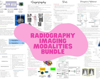 May include: A pink and white graphic with the text "Radiography Imaging Modalities Bundle" in a large, bold font. The graphic includes images of different medical imaging techniques, including angiography, ultrasound, and MRI.