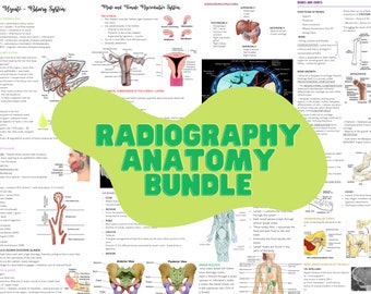 May include: A green and white graphic with the text "Radiography Anatomy Bundle" in large, bold letters. The graphic is surrounded by images of different anatomical structures, including the liver, uterus, bones, and lymph nodes.
