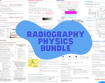 May include: A blue and white graphic with the text "Radiography Physics Bundle" in large, bold, white letters. The graphic includes information about radiation safety, exposure factors, and the X-ray tube.